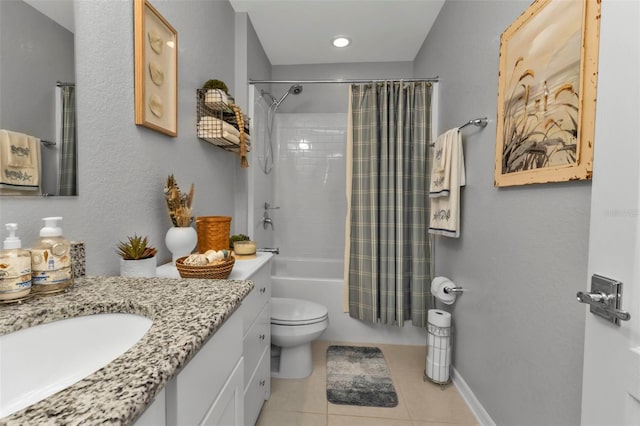 full bathroom with tile patterned flooring, vanity, shower / tub combo, and toilet