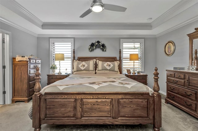 carpeted bedroom with a raised ceiling, multiple windows, and ceiling fan