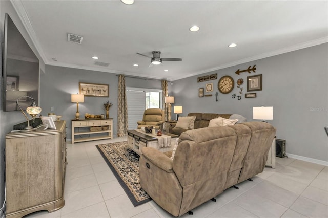 living room featuring ceiling fan, light tile patterned flooring, and ornamental molding