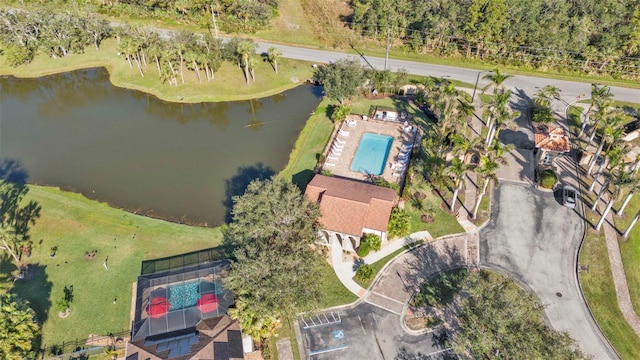 drone / aerial view with a water view