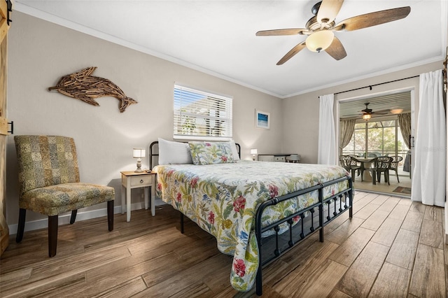 bedroom featuring multiple windows, wood-type flooring, ceiling fan, and ornamental molding