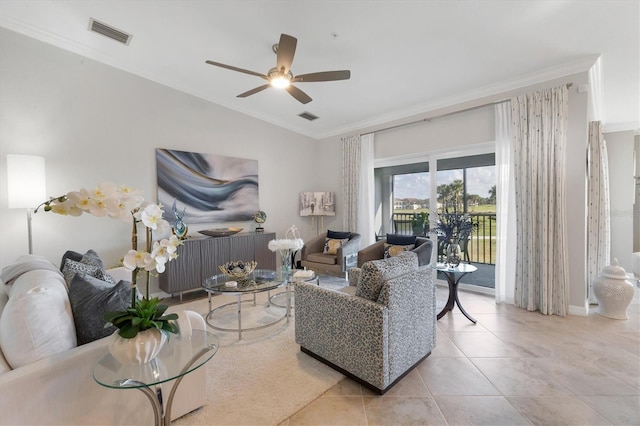 14070 Heritage Landing Blvd Unit 423, Punta Gorda, FL 33955 - living area featuring crown molding, a ceiling fan, and tile patterned flooring