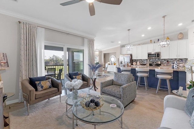 14070 Heritage Landing Blvd Unit 423, Punta Gorda, FL 33955 - living room featuring ornamental molding, a ceiling fan, recessed lighting, and a chandelier