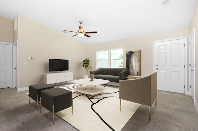 living room featuring lofted ceiling and ceiling fan