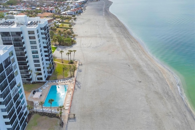 aerial view with a view of the beach and a water view