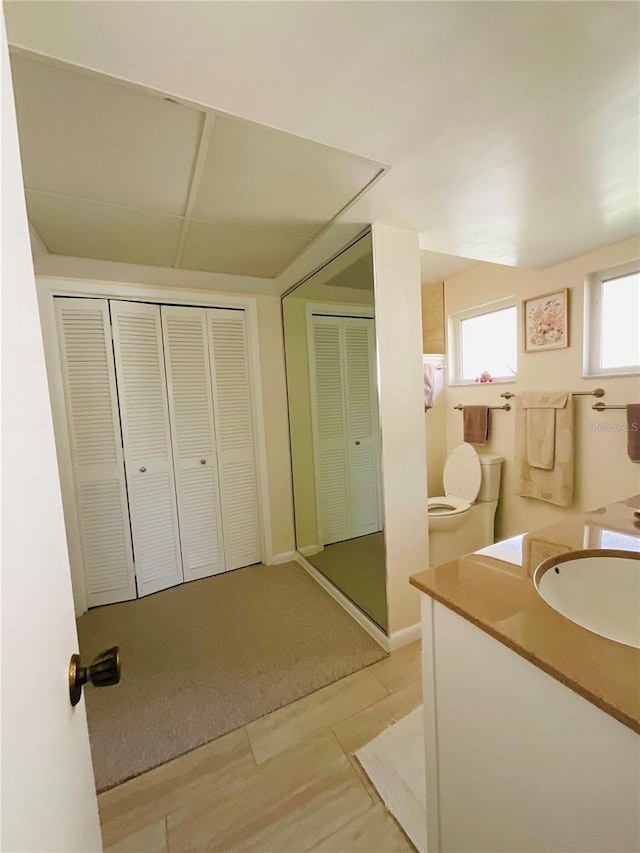 bathroom with hardwood / wood-style flooring, vanity, and toilet