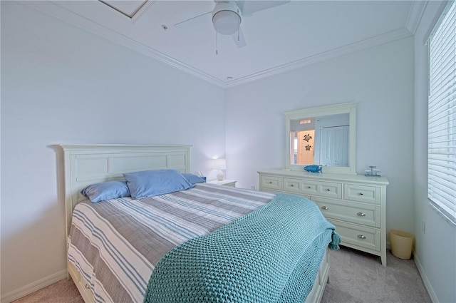 carpeted bedroom with multiple windows, ceiling fan, and crown molding