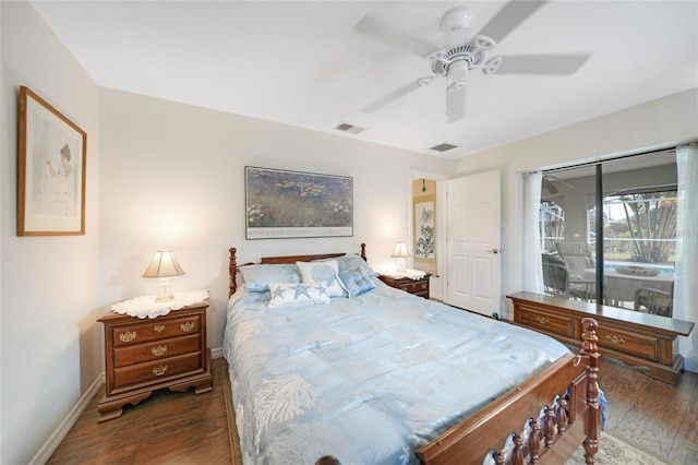 bedroom featuring access to outside, ceiling fan, and dark hardwood / wood-style floors