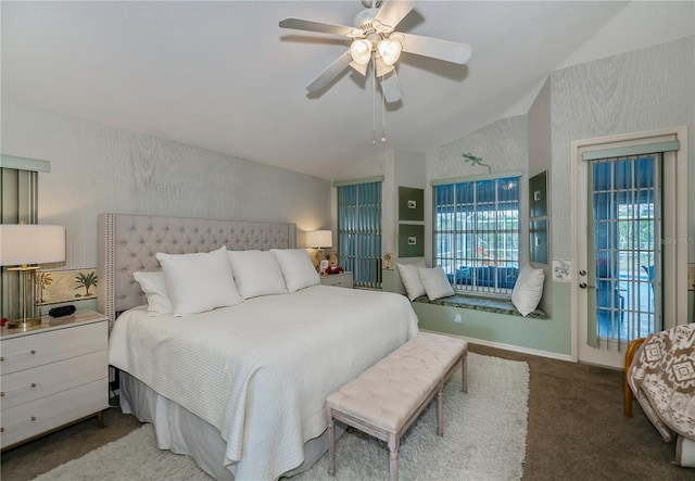 bedroom featuring carpet, ceiling fan, and lofted ceiling