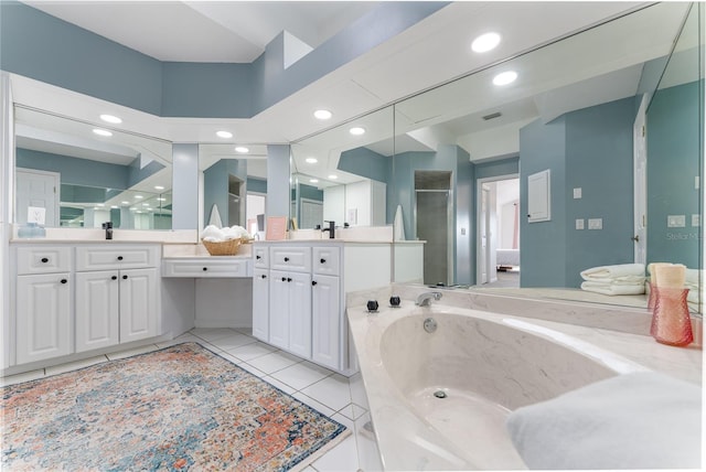 bathroom with tile patterned flooring, vanity, and plus walk in shower