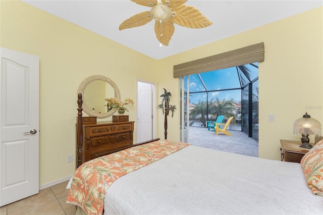 tiled bedroom featuring access to exterior and ceiling fan