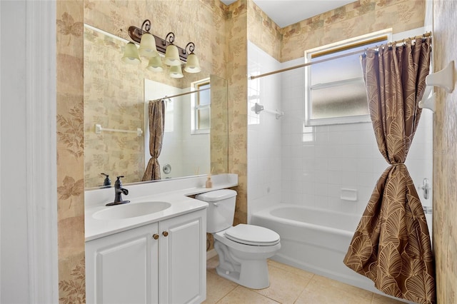 full bathroom with shower / tub combo, vanity, toilet, and tile patterned flooring