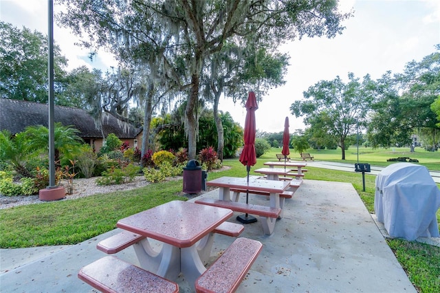 view of property's community with a patio and a lawn