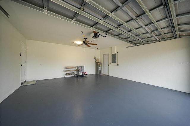 garage with electric panel, water heater, ceiling fan, and a garage door opener