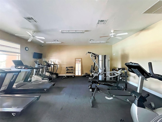 workout area with ceiling fan