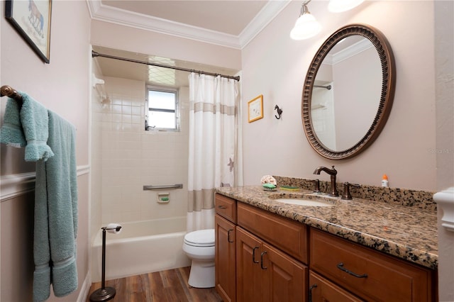 full bathroom with hardwood / wood-style floors, vanity, toilet, shower / bathtub combination with curtain, and ornamental molding