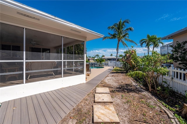 deck with a sunroom and a fenced in pool