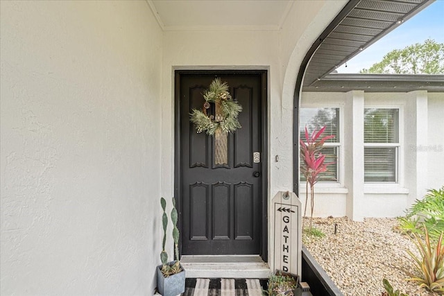 view of exterior entry with stucco siding