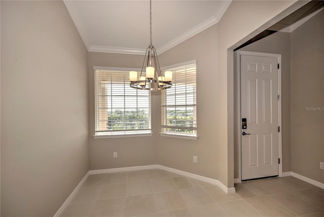 empty room with light tile patterned floors, an inviting chandelier, and ornamental molding