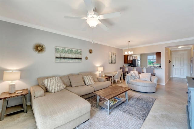 living room with light tile patterned flooring, ceiling fan with notable chandelier, and ornamental molding