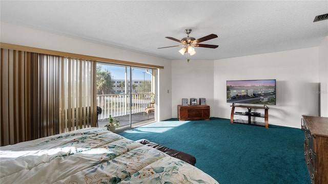 unfurnished bedroom with carpet flooring, access to exterior, ceiling fan, and a textured ceiling