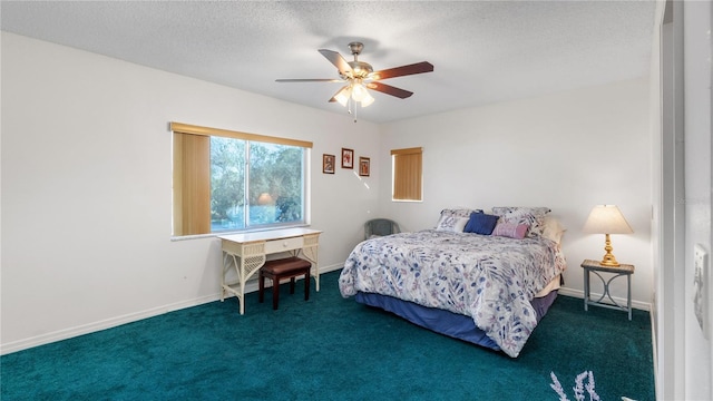 bedroom featuring ceiling fan, dark carpet, and a textured ceiling