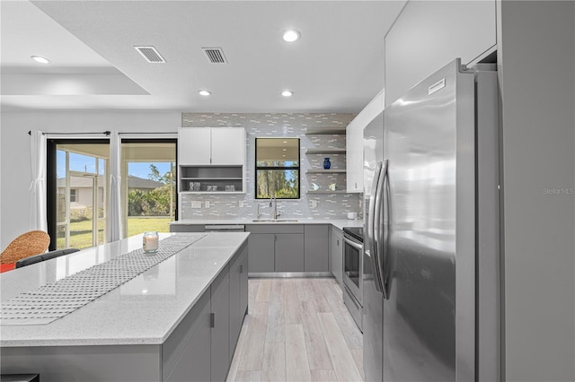 kitchen featuring tasteful backsplash, stainless steel appliances, sink, gray cabinets, and a kitchen island