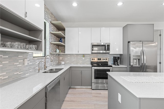 kitchen with sink, light stone counters, gray cabinets, decorative backsplash, and appliances with stainless steel finishes