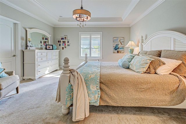 bedroom with crown molding, a raised ceiling, and light carpet