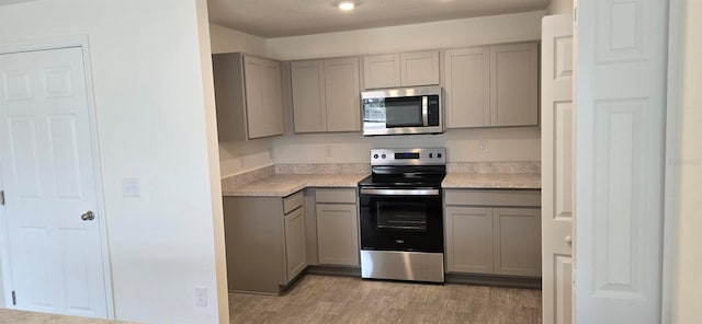 kitchen featuring appliances with stainless steel finishes, gray cabinets, and light hardwood / wood-style flooring