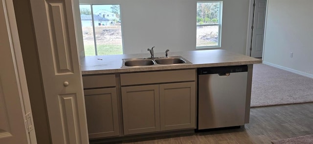 kitchen featuring gray cabinets, a wealth of natural light, stainless steel dishwasher, and sink