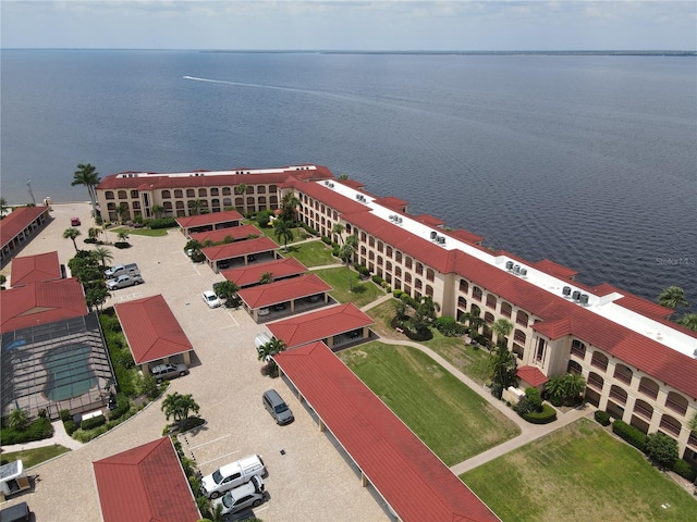 drone / aerial view with a water view