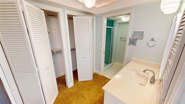 bathroom featuring vanity and an enclosed shower