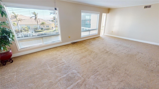 empty room with ornamental molding and light carpet