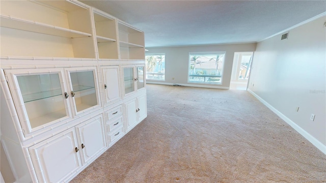 spare room with crown molding and light carpet