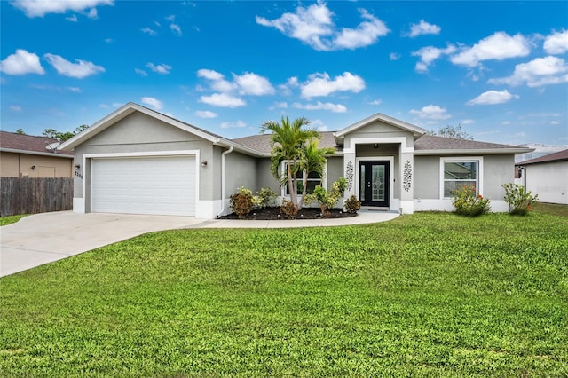 single story home with a garage and a front lawn