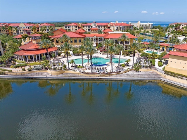 drone / aerial view with a water view