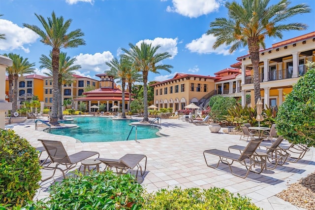 view of swimming pool with a patio area