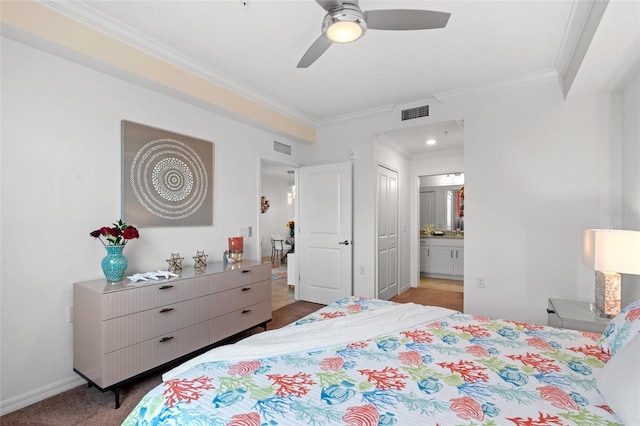 bedroom with light carpet, ensuite bathroom, ceiling fan, crown molding, and a closet