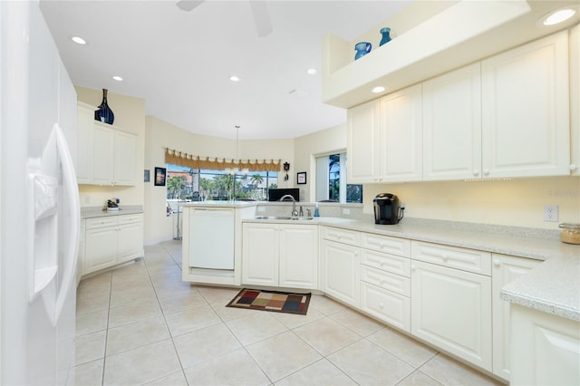 kitchen with white cabinetry, hanging light fixtures, kitchen peninsula, white appliances, and light tile patterned flooring