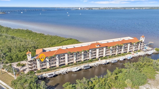 aerial view featuring a water view