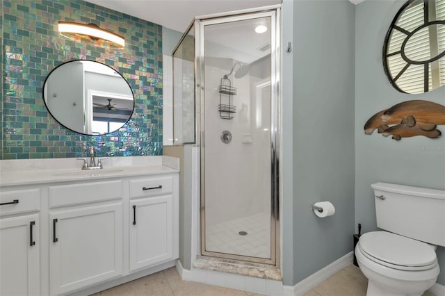 bathroom with vanity, an enclosed shower, tile patterned floors, and toilet