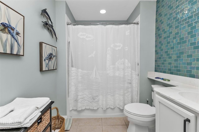 full bathroom with shower / bath combination with curtain, vanity, toilet, and tile patterned flooring