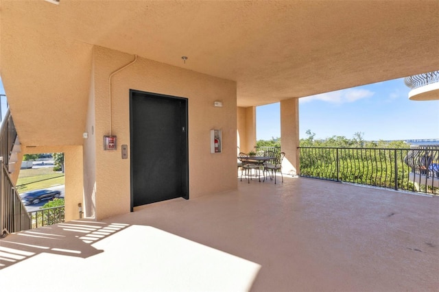 view of patio with elevator