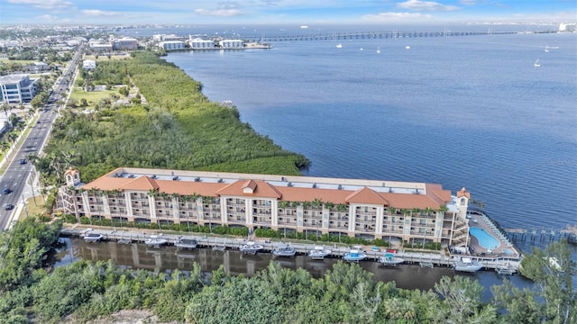 drone / aerial view featuring a water view