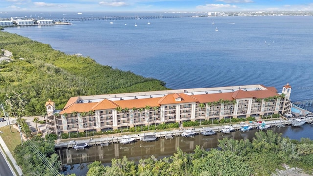 birds eye view of property featuring a water view