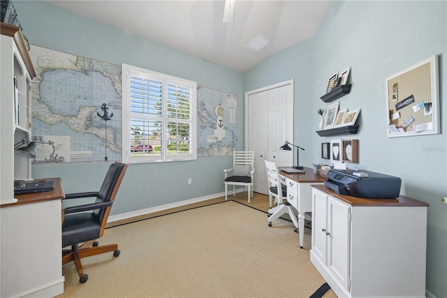 office space featuring vaulted ceiling