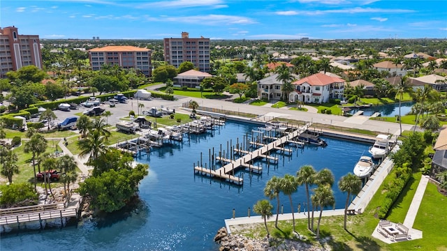 bird's eye view with a water view