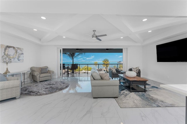 living room featuring ceiling fan, coffered ceiling, and beam ceiling