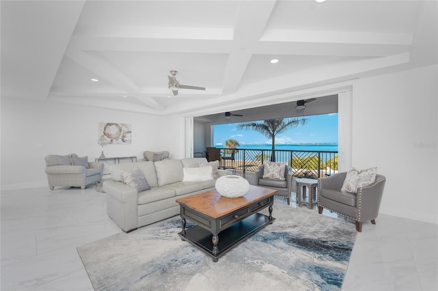 living room featuring beam ceiling, coffered ceiling, and ceiling fan